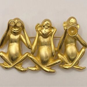 AJC Monkey Pin Brooch See Hear Speak No Evil Gold Tone Monkeys Funny vtg naugthy